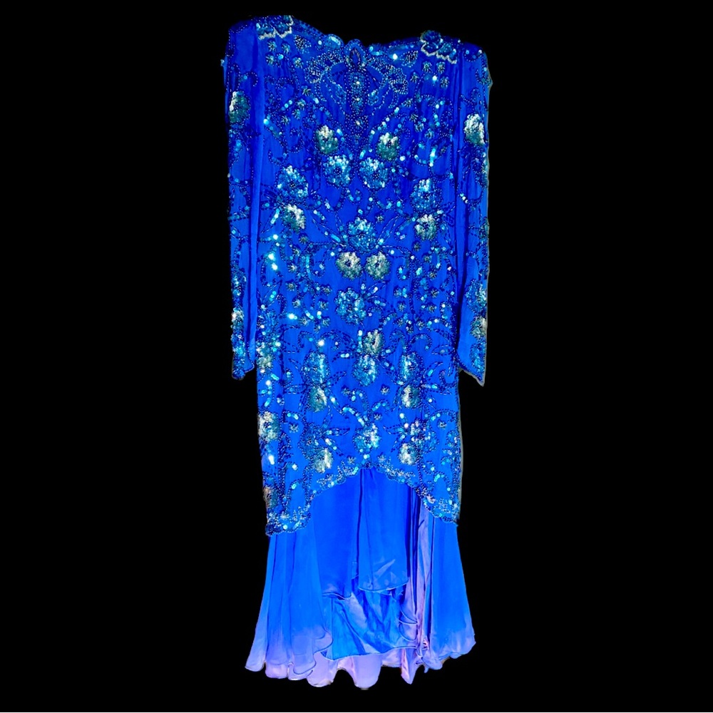 Vtg Landa 100% Silk Sequins & Beads Blue Long Evening Formal Dress, Gown, 12